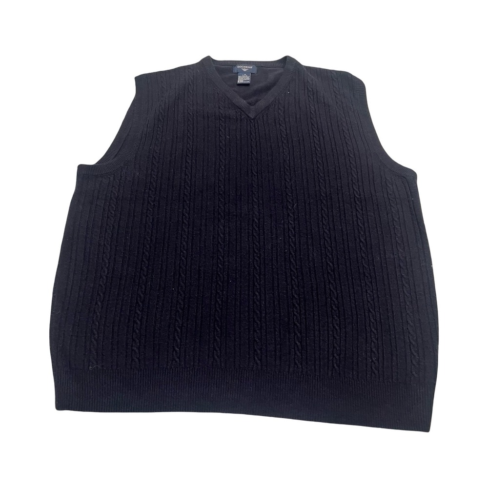 Dockers Mens Large Black Cable Knit V-Neck Sweater‎ Vest Acrylic Sleeveless L/G